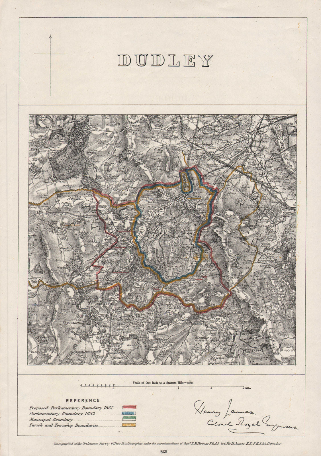 DUDLEY borough/town plan. BOUNDARY COMMISSION. Worcestershire. JAMES 1868 map